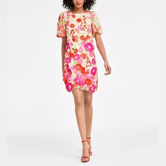 Eliza J Women's Embroidered Floral Puff-sleeve Shift Mini Dress Sz 2 Pink NWT - Picture 1 of 11